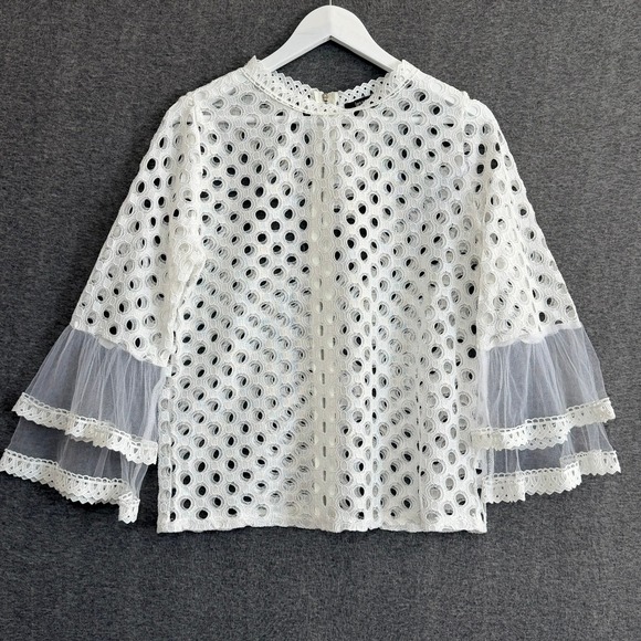 Ups & Downs Tops - White Eyelet Lace Sheer Top Lrg Bell Sleeve Tulle Victorian Romantic Cottagecore